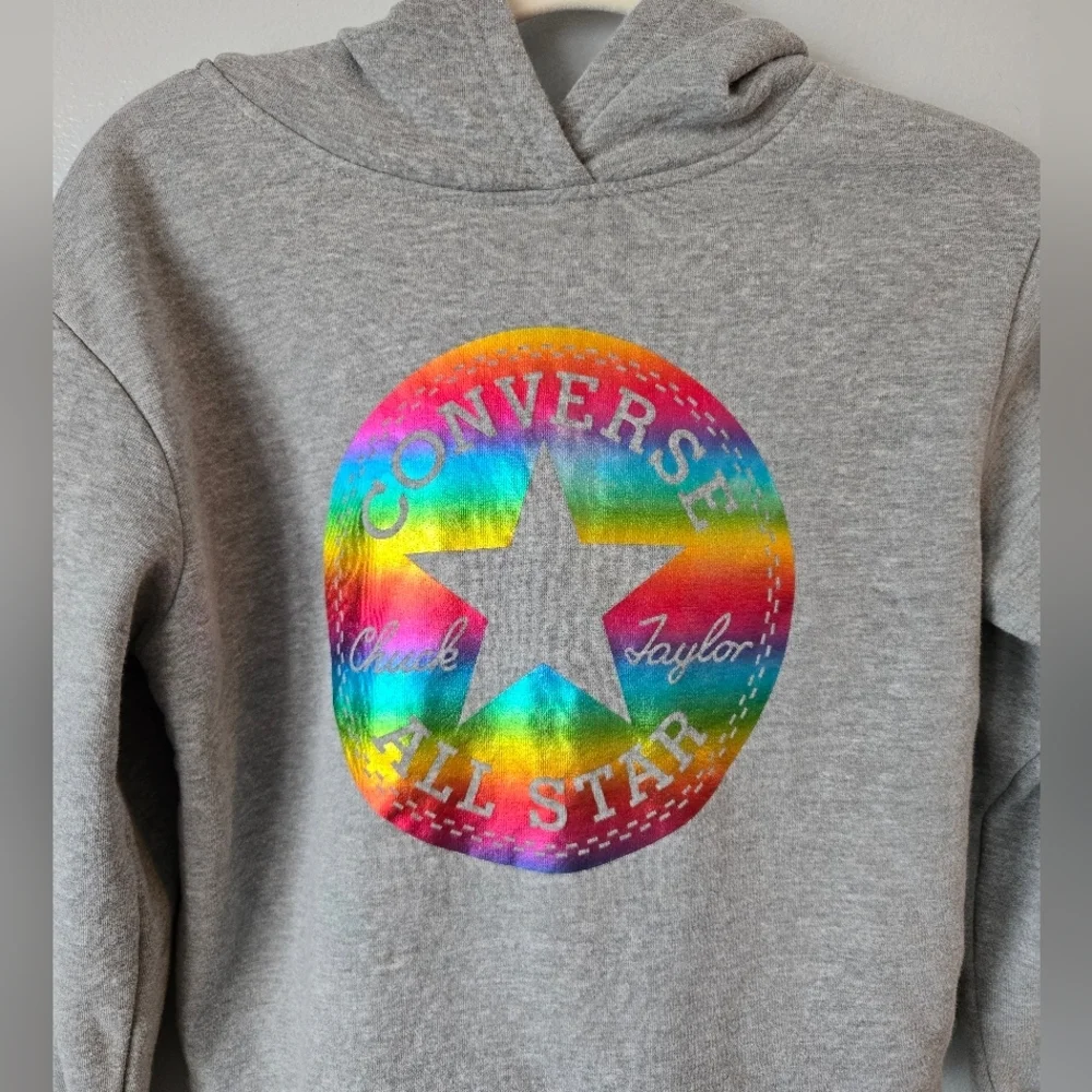 Converse Girls Bundle: 2 Gray Cropped Hoodies Size Large 12-13 Rainbow & Pastel